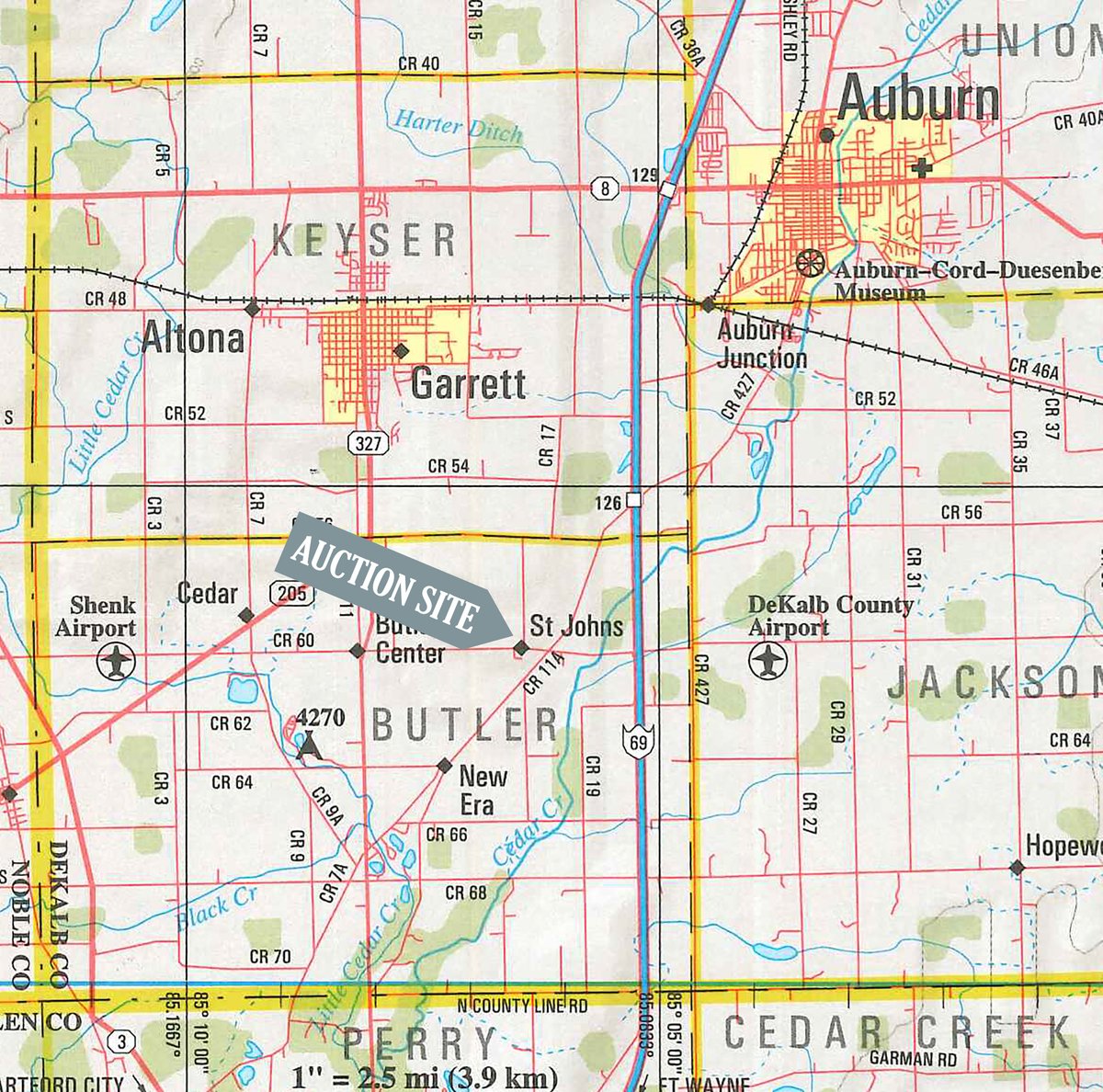 Area map - PERSONAL PROPERTY & REAL ESTATE AUCTION - 2 DATES - IN 2 TRACTS IN DEKALB COUNTY, INDIANA
